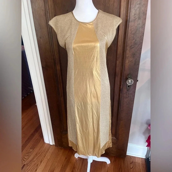 Bottega Veneta Square Neckline Gold Midi Dress Women Size XS, US2, IT38 - Picture 2 of 14